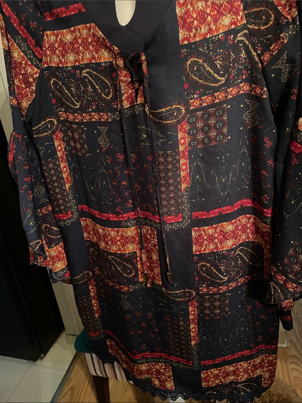 Rue21 Black Dress with Red and Gold Patchwork Print